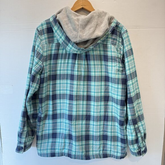 L.L. Bean Fleece-Lined Flannel Hoodie Women's Medium Blue Plaid Cotton Jacket - Picture 4 of 14